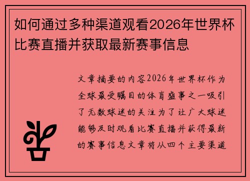 如何通过多种渠道观看2026年世界杯比赛直播并获取最新赛事信息 如何通过多种渠道观看2026年世界杯比赛直播并获取最新赛事信息